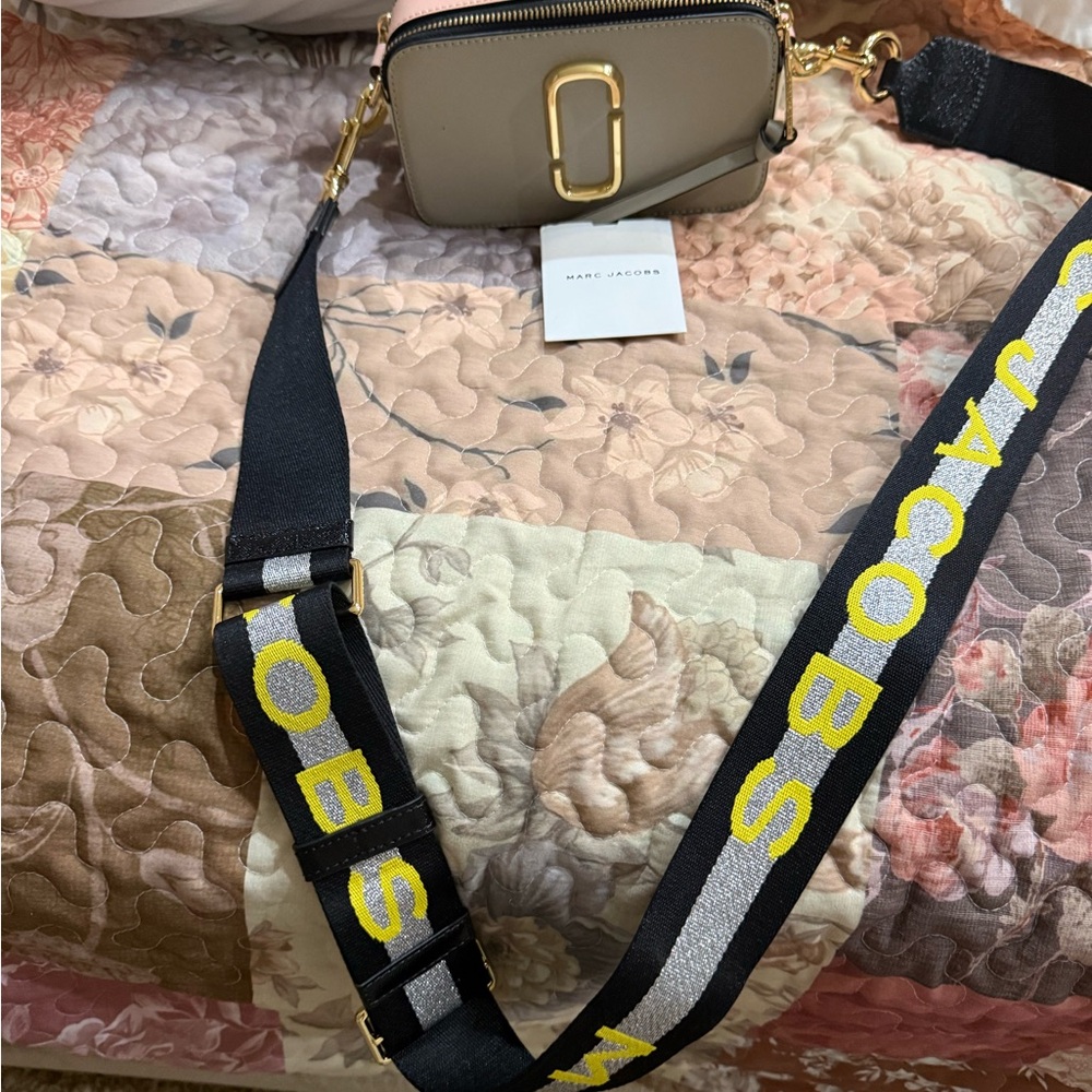 Marc Jacobs Taupe Camera Crossbody Bag with Black Strap and Yellow Logo